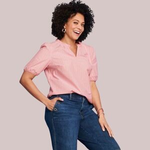 Talbots Size XL Pink Ruffle Popover City Stripe Crisp Cotton Puff Sleeve Blouse